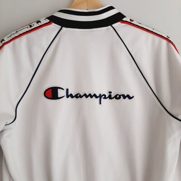 CHAMPION Retro Style Full Zip Athletic Track Jacket White w/ Logo Sz S Flawed - Picture 10 of 15